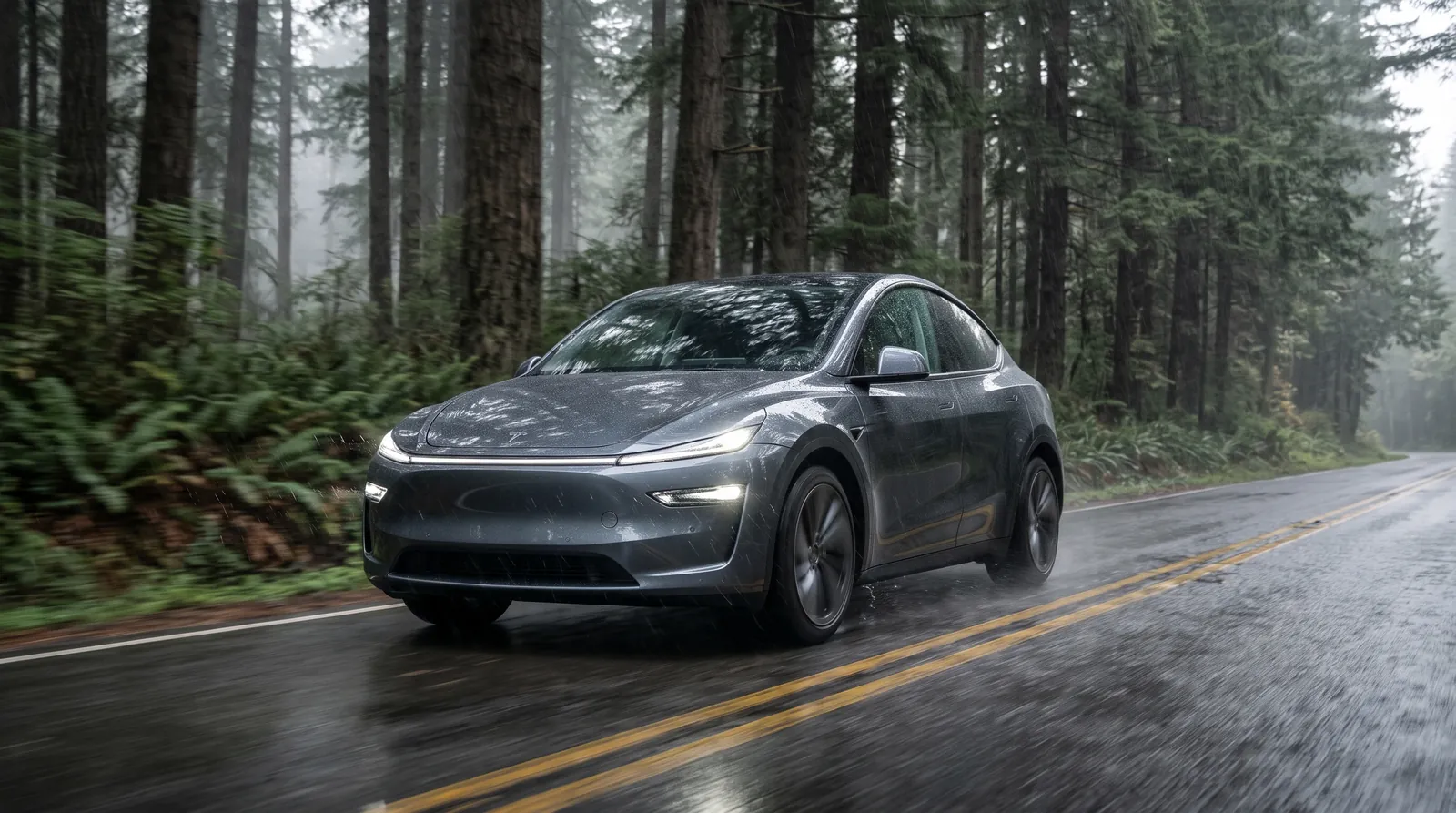 White refreshed Model Y on a rainy road lined with fir trees