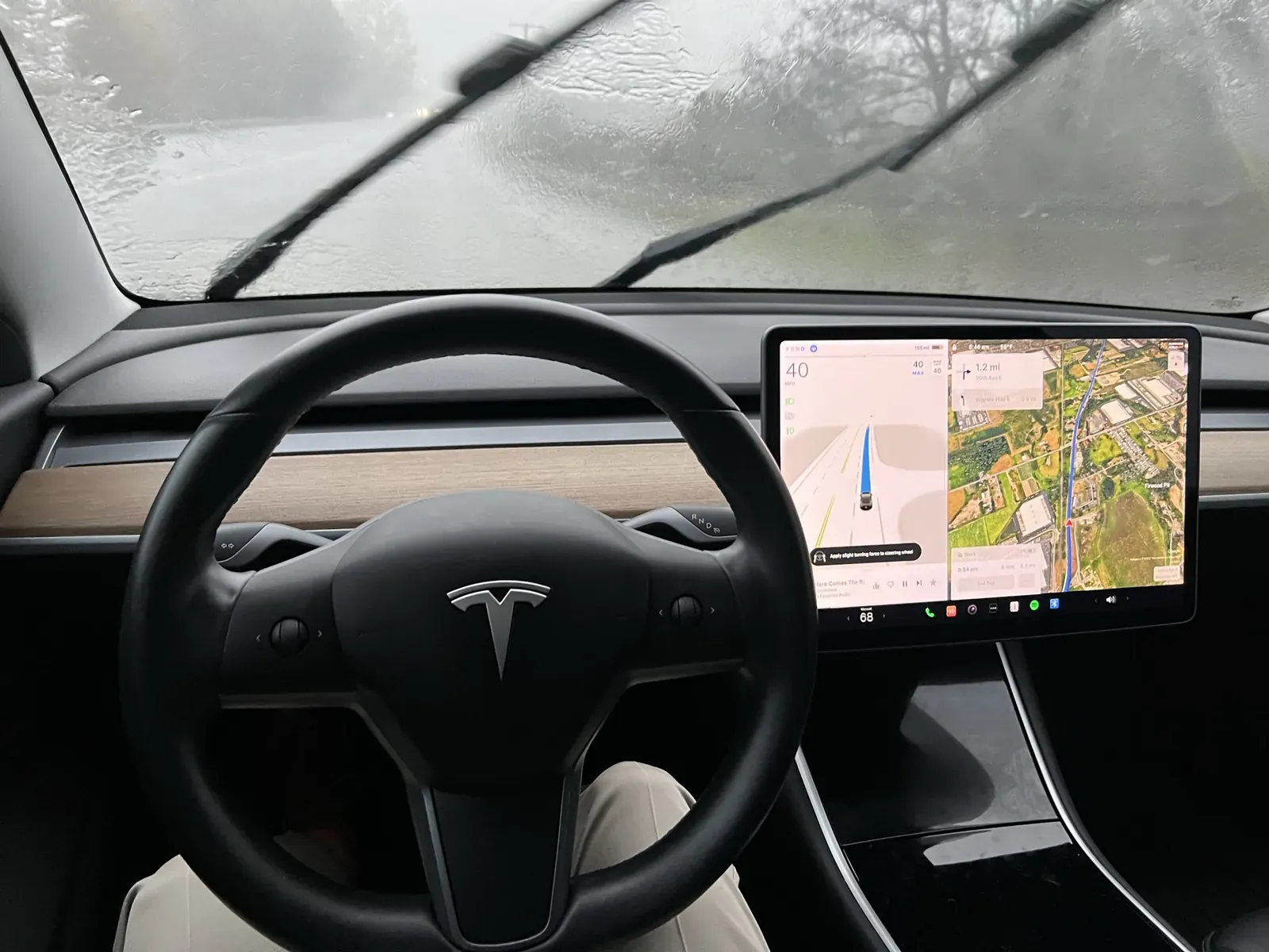Model 3 interior on a foggy road with the FSD visualization and map on the screen